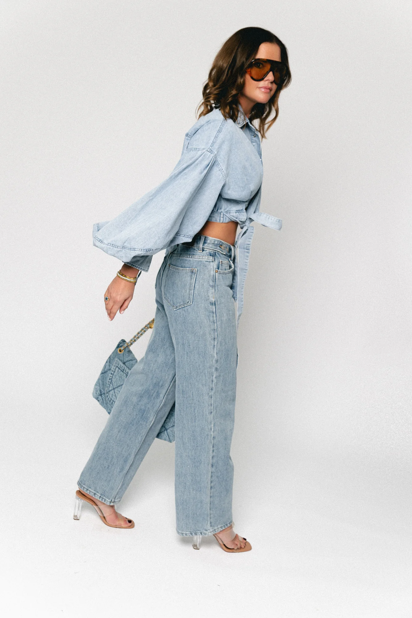 Bella balloon sleeve wrap shirt light blue denim - Image 5