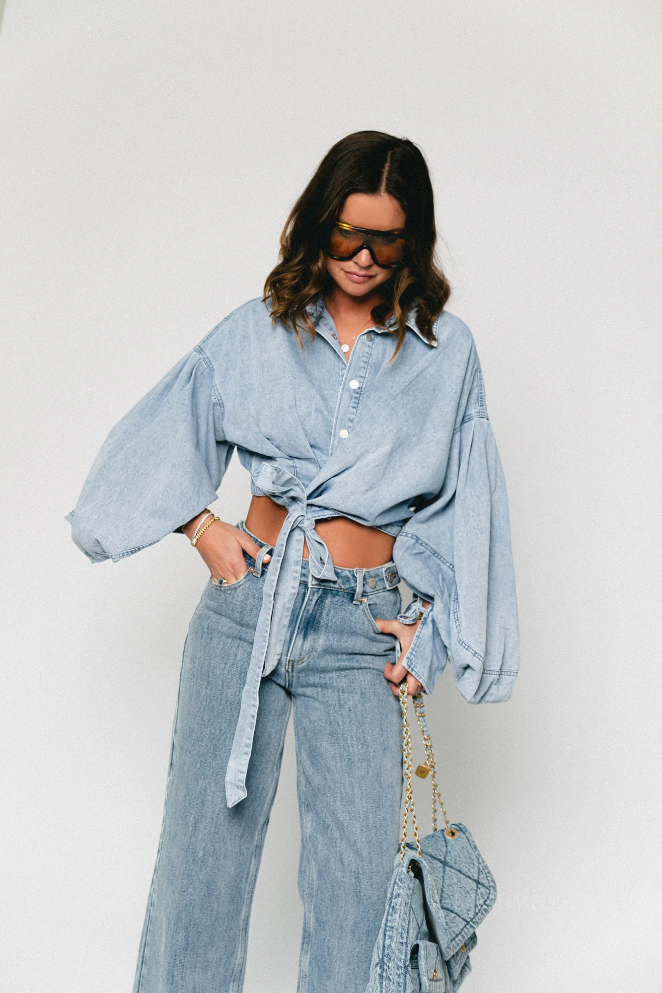 Bella balloon sleeve wrap shirt light blue denim - Image 8