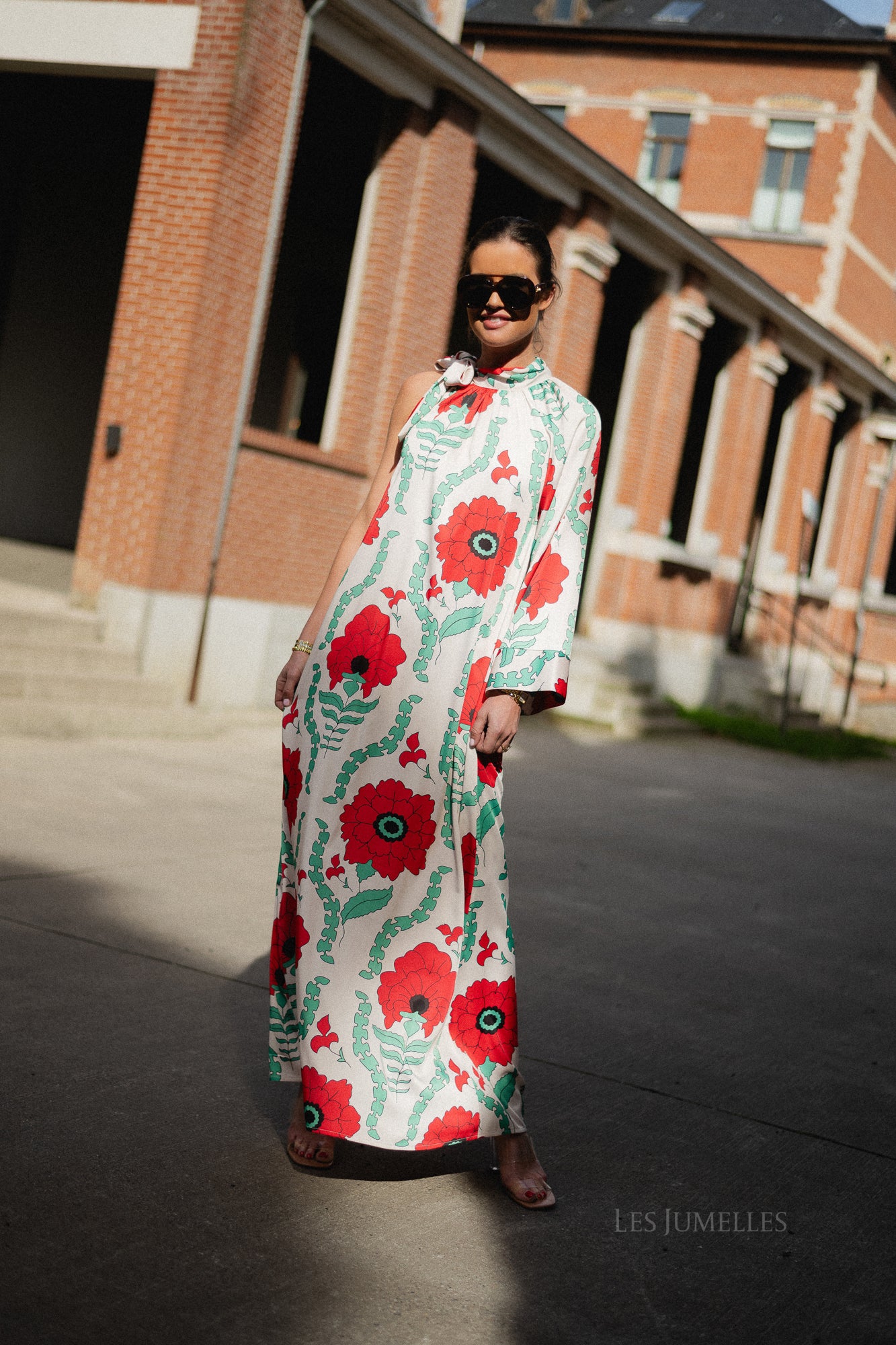 Chloe one shoulder maxi printed dress ecru/red - Image 14