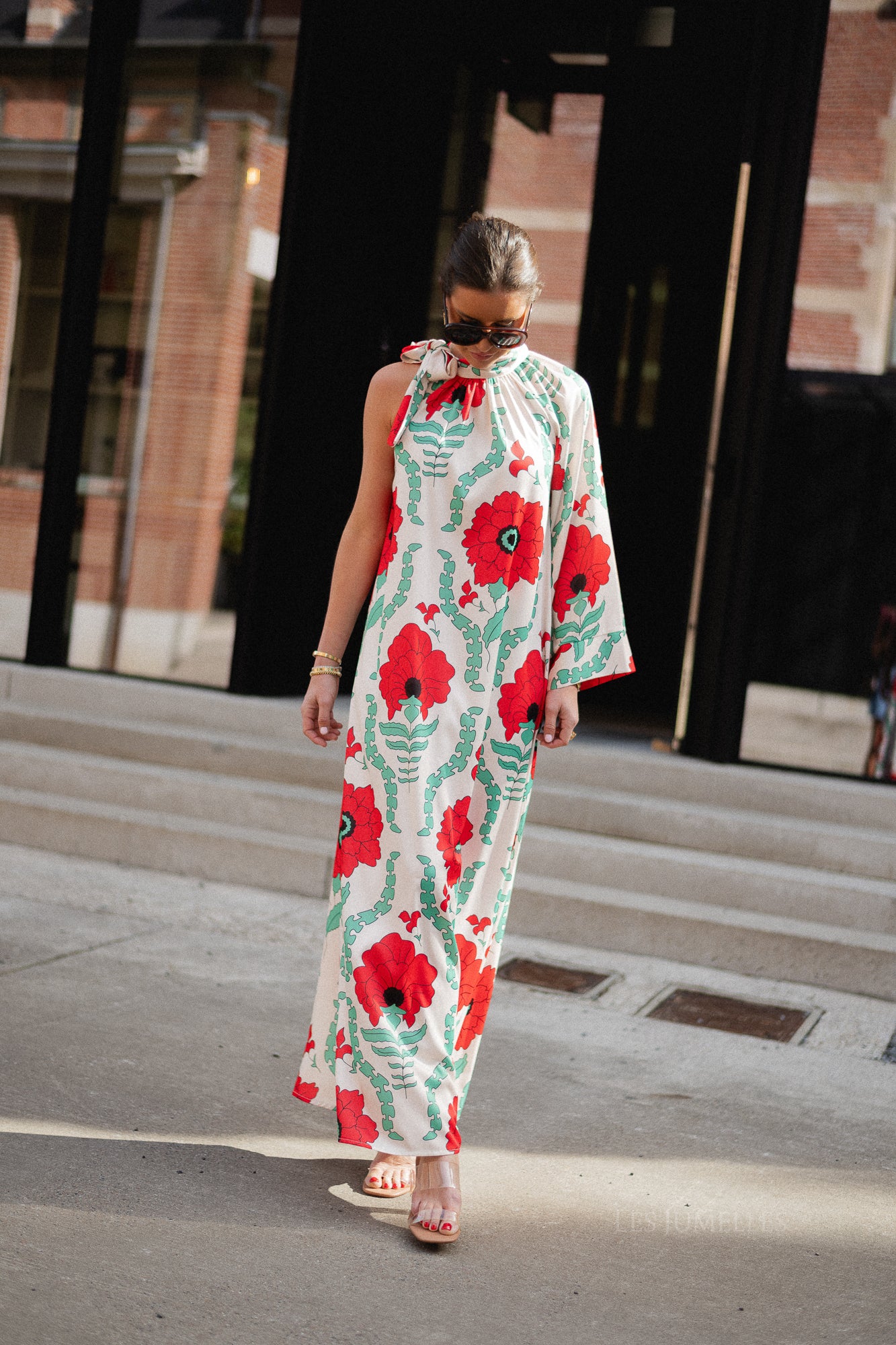 Chloe one shoulder maxi printed dress ecru/red - Image 5