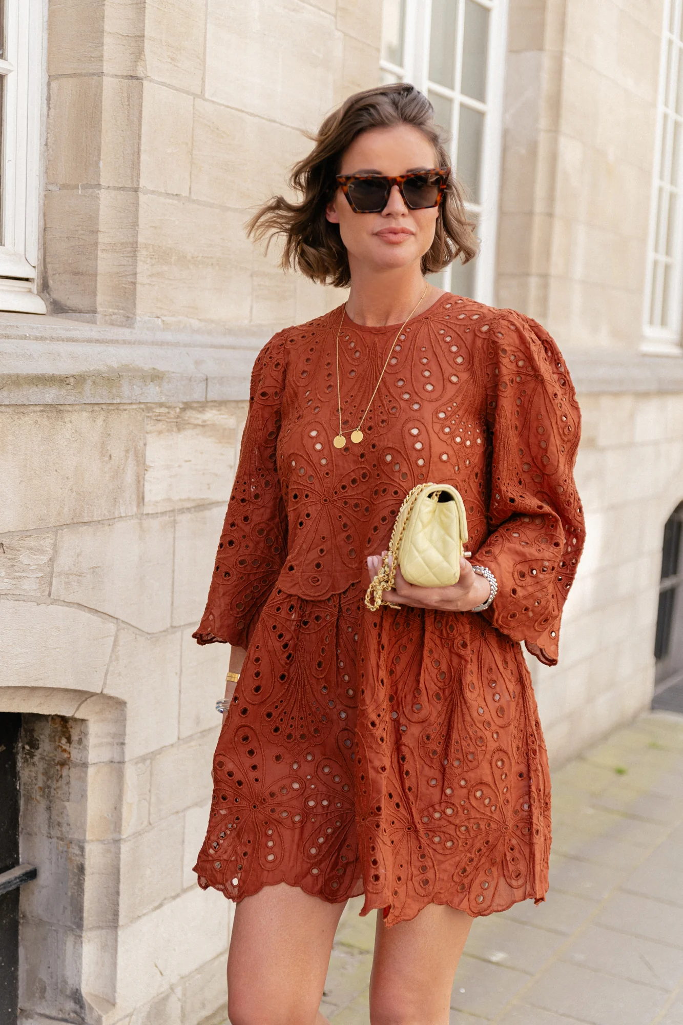 Crisp delicate embroidered cotton dress brown - Image 2