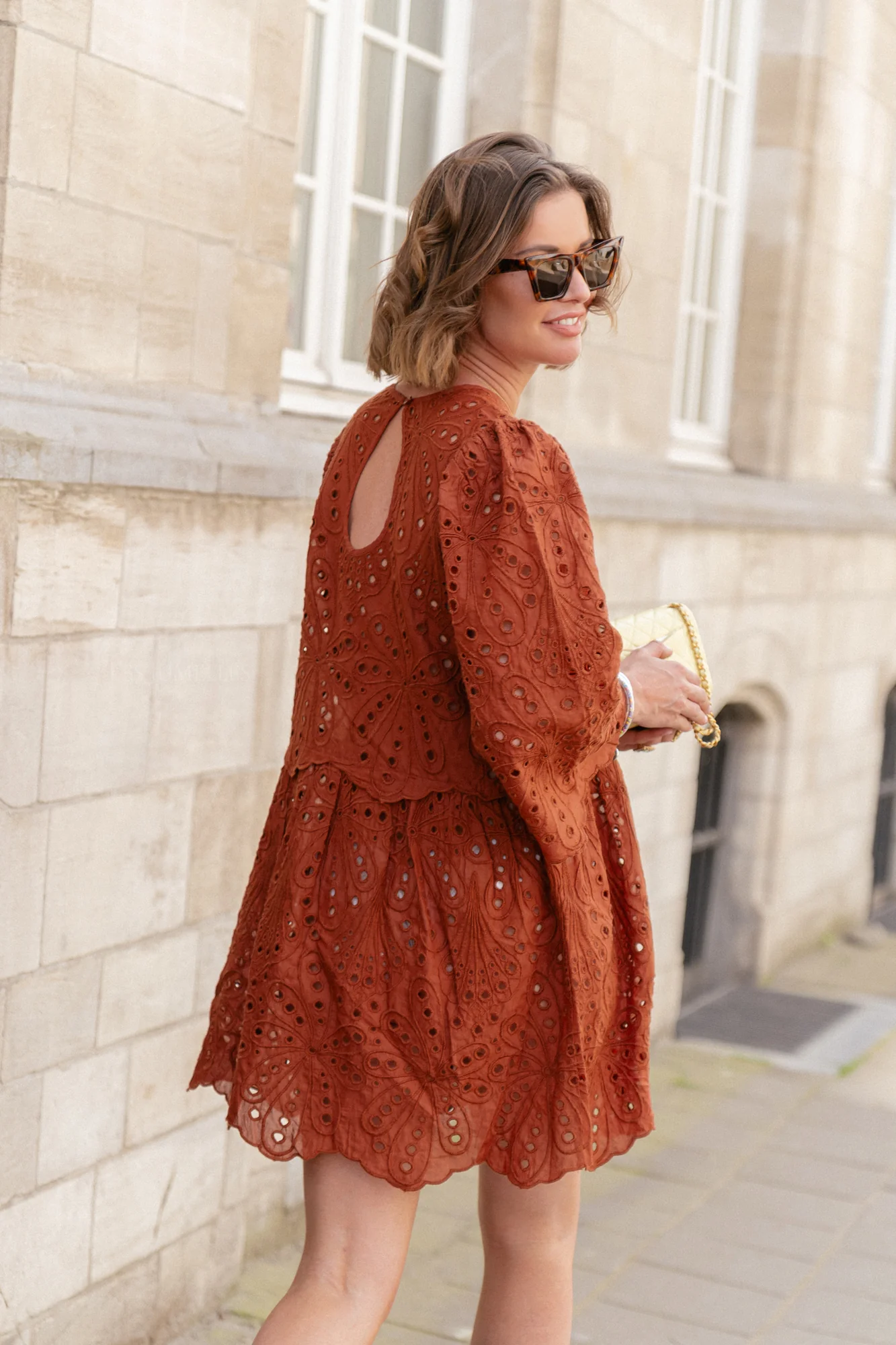 Crisp delicate embroidered cotton dress brown - Image 4