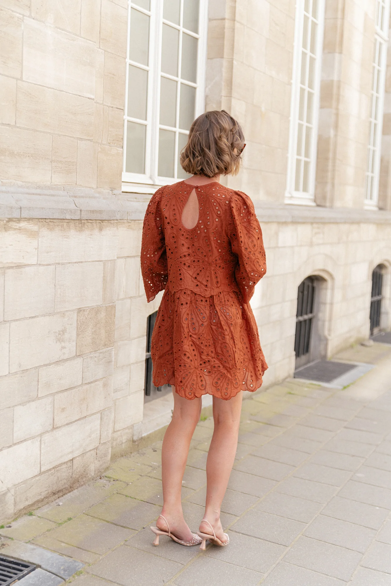 Crisp delicate embroidered cotton dress brown - Image 9