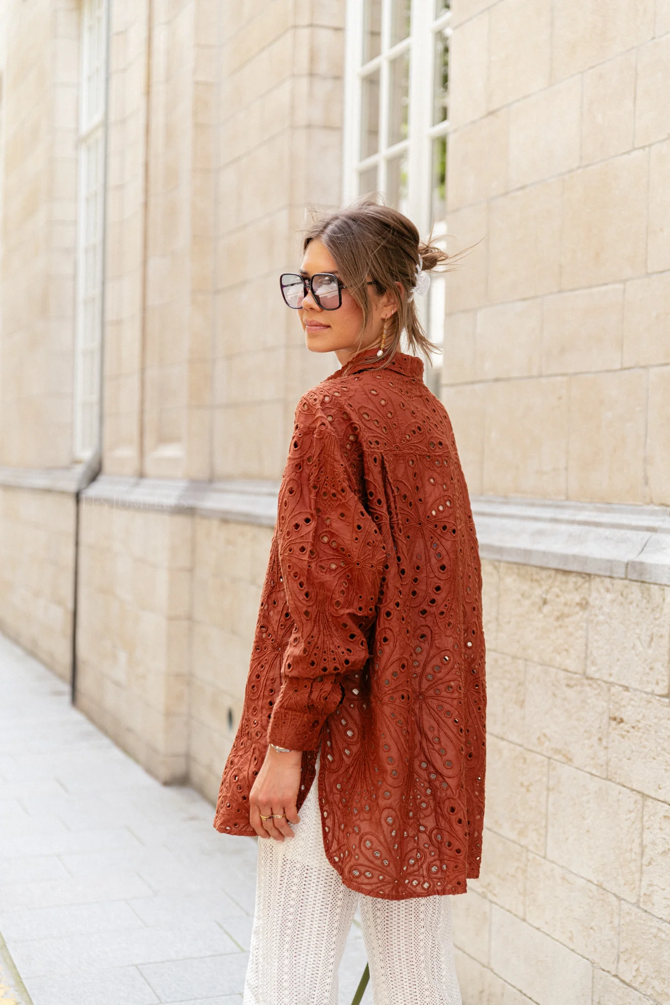 Crisp delicate embroidered cotton shirt brown