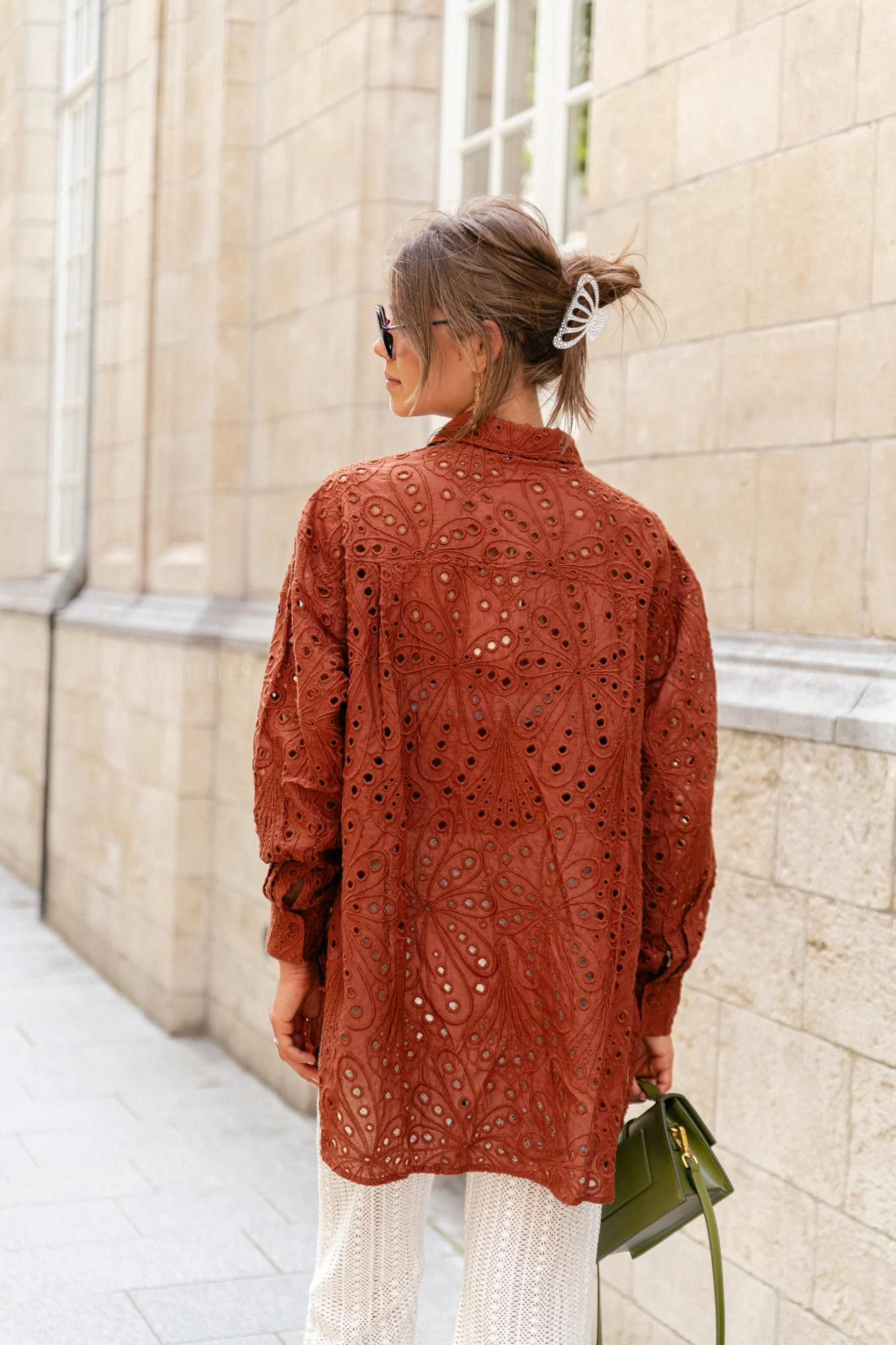 Crisp delicate embroidered cotton shirt brown - Image 3