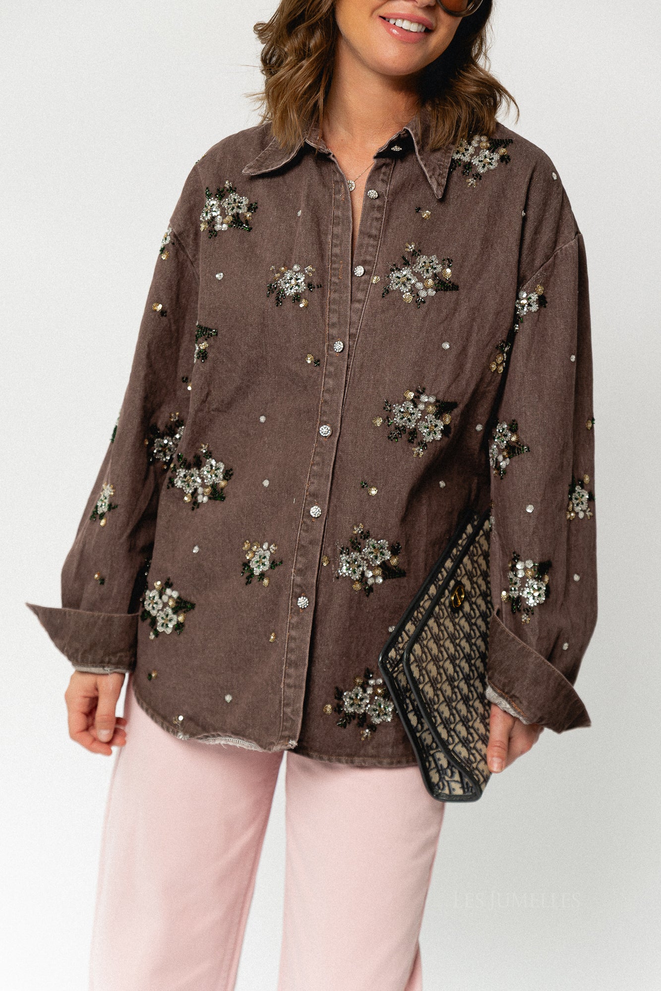 Floral beaded embellished denim shirt brown - Image 2