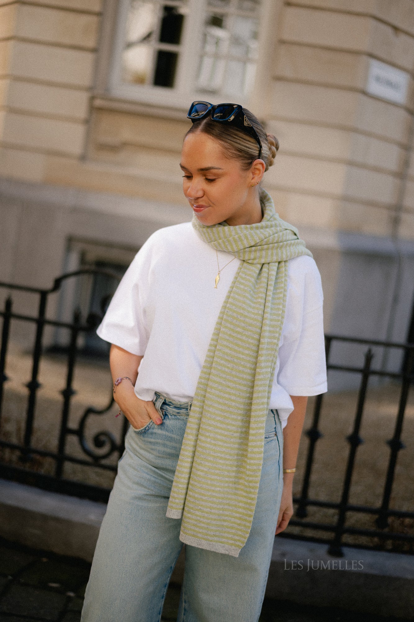Florence striped scarf - grey/lime green - Image 3