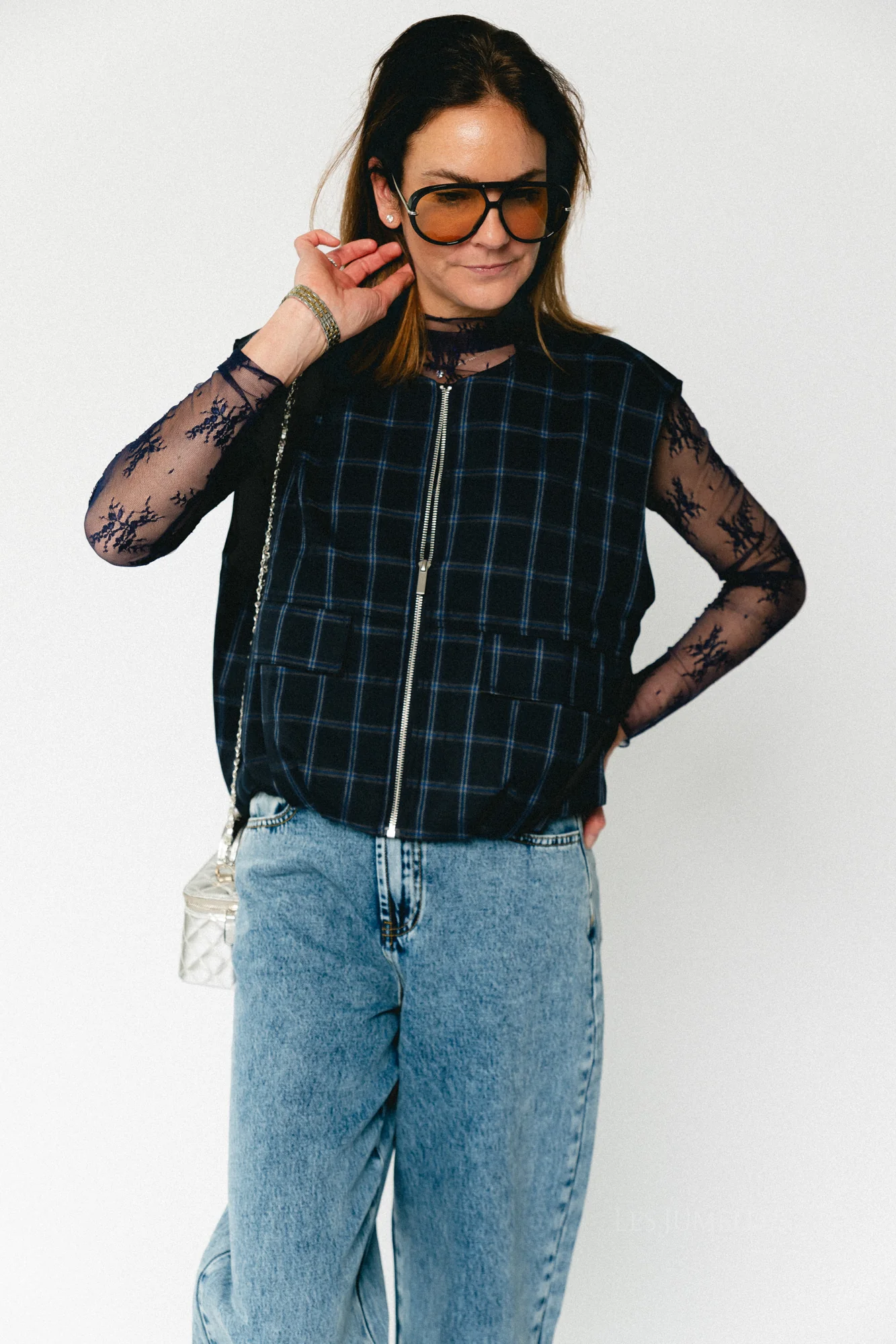 Jeanne checkered sleeveless jacket navy - Image 3