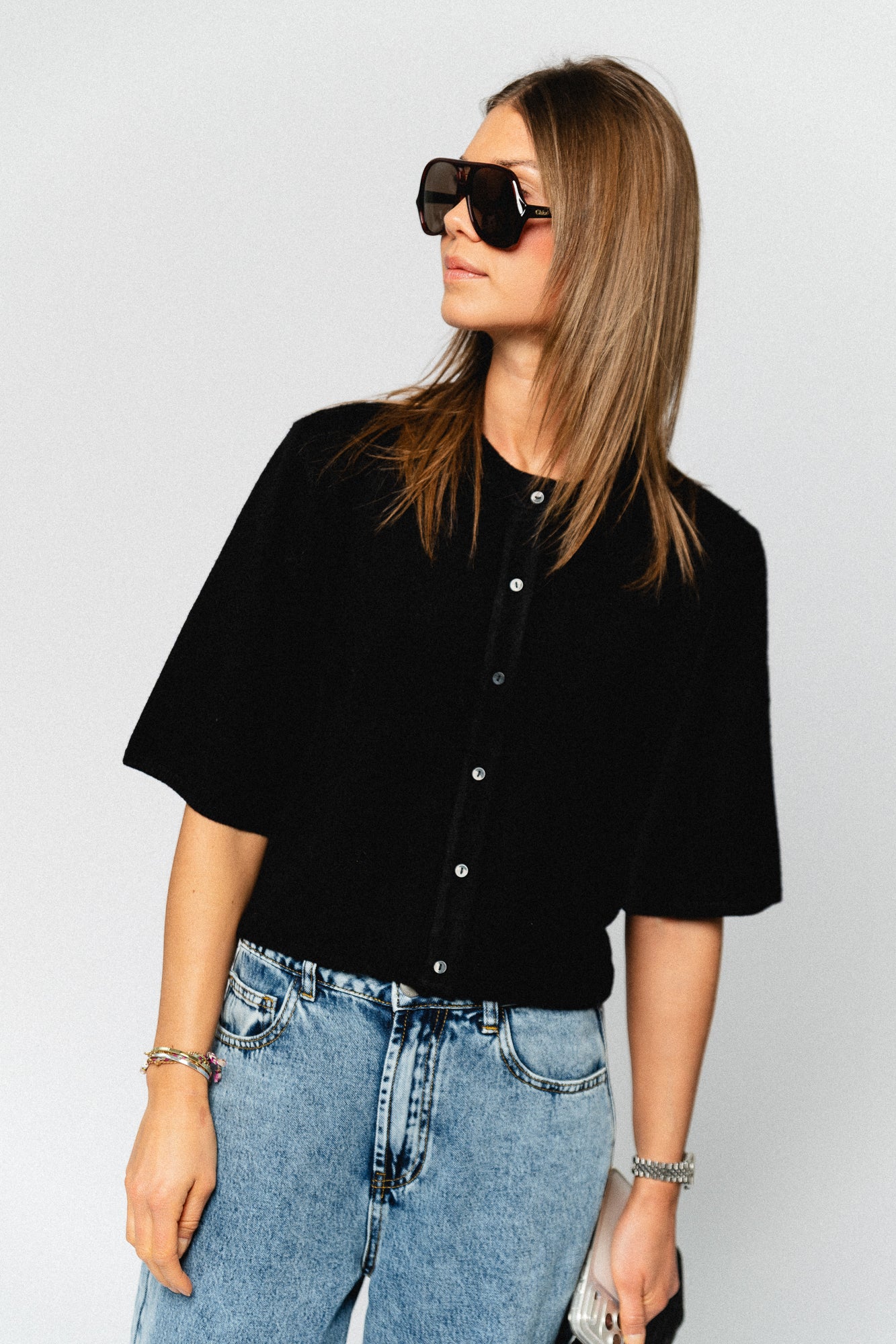 OBJThess solid 3/4 sleeve cardigan black - Image 5