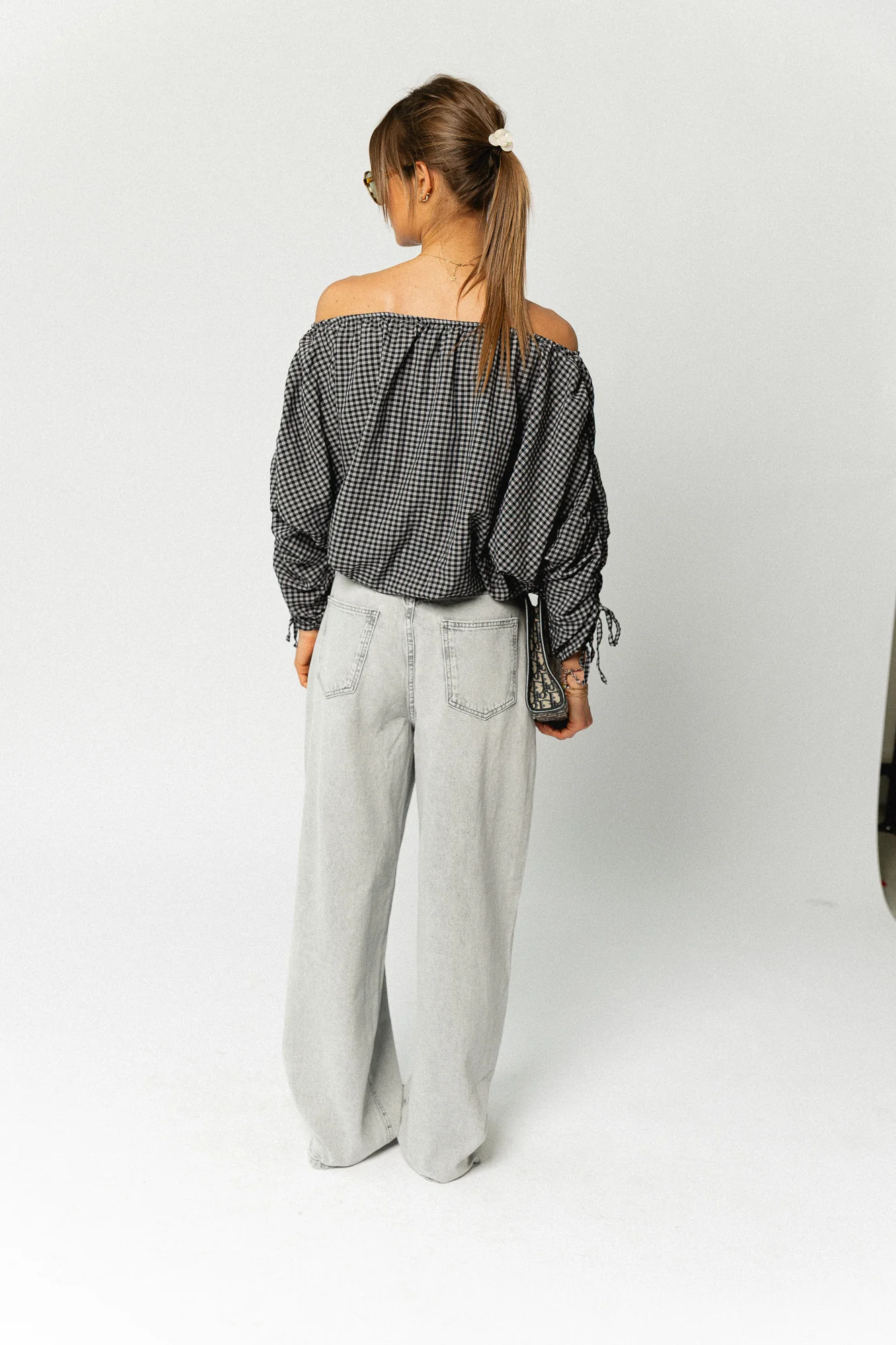 Olive checkered off shoulder blouse black - Image 4