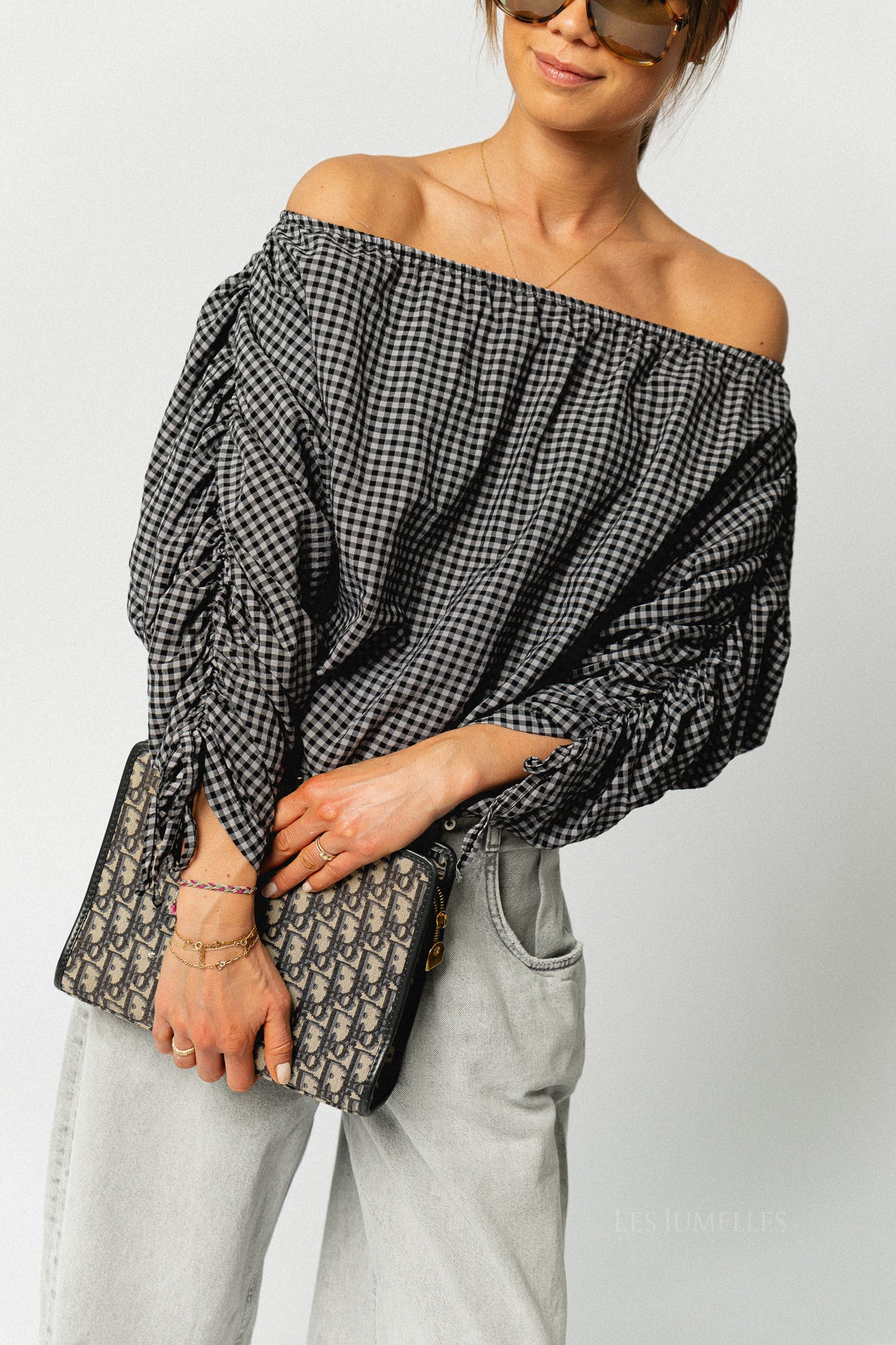 Olive checkered off shoulder blouse black - Image 7