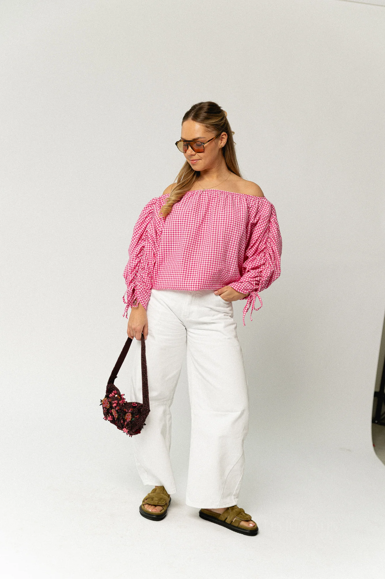 Olive checkered off shoulder blouse fuchsia