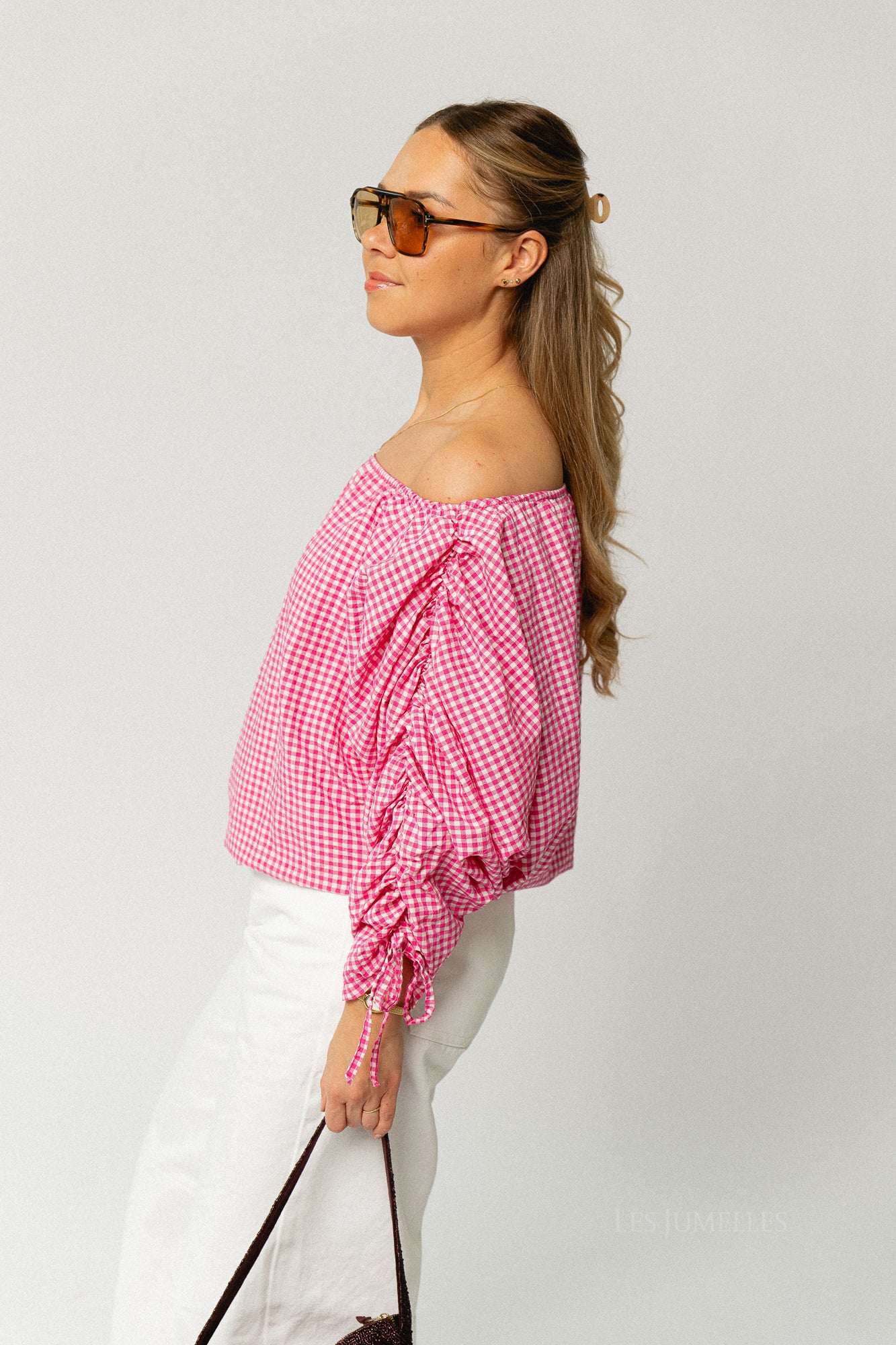 Olive checkered off shoulder blouse fuchsia - Image 2
