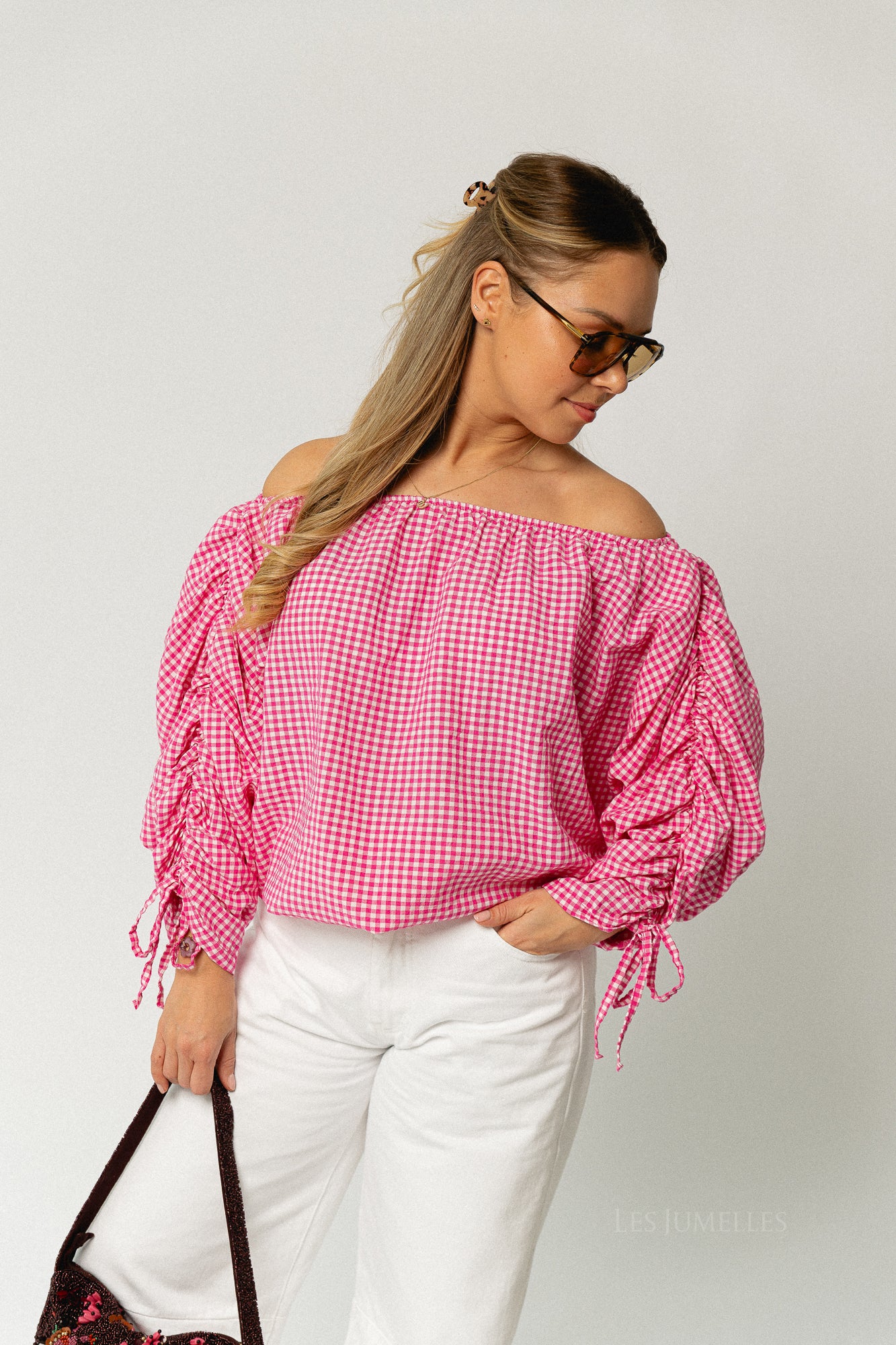 Olive checkered off shoulder blouse fuchsia - Image 3