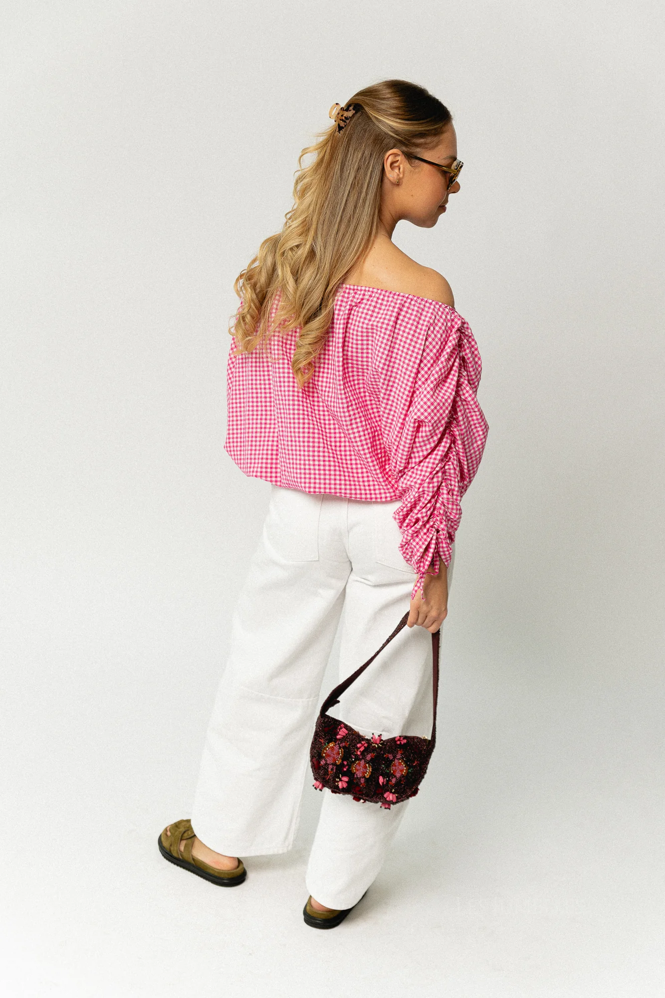Olive checkered off shoulder blouse fuchsia - Image 5