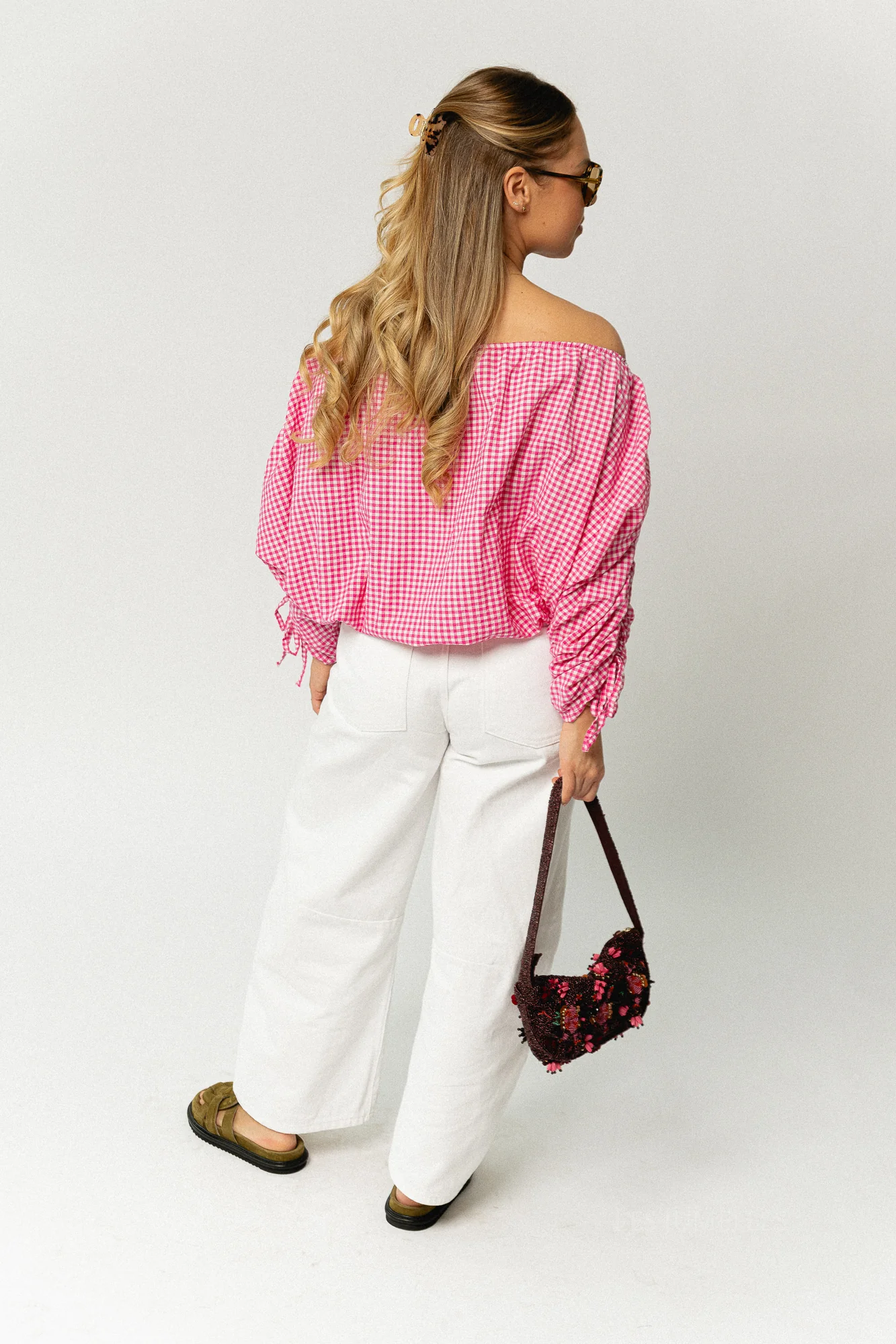 Olive checkered off shoulder blouse fuchsia - Image 7