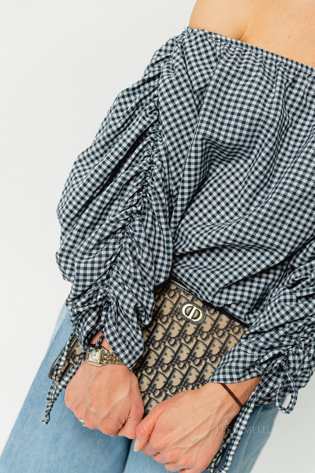 Olive checkered off shoulder blouse navy - Image 2