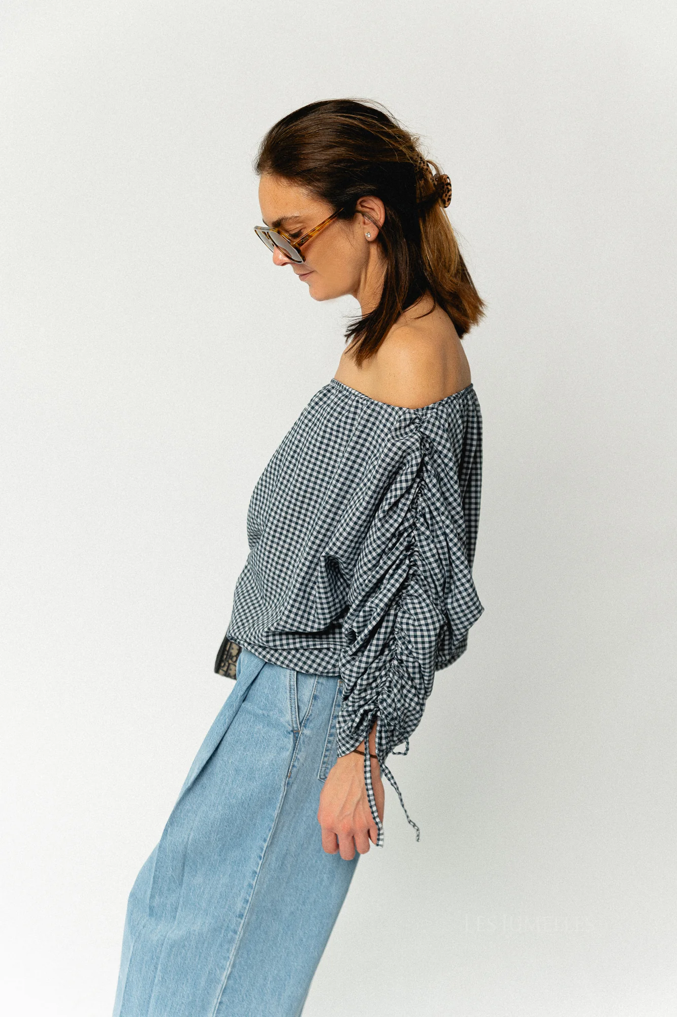 Olive checkered off shoulder blouse navy - Image 3