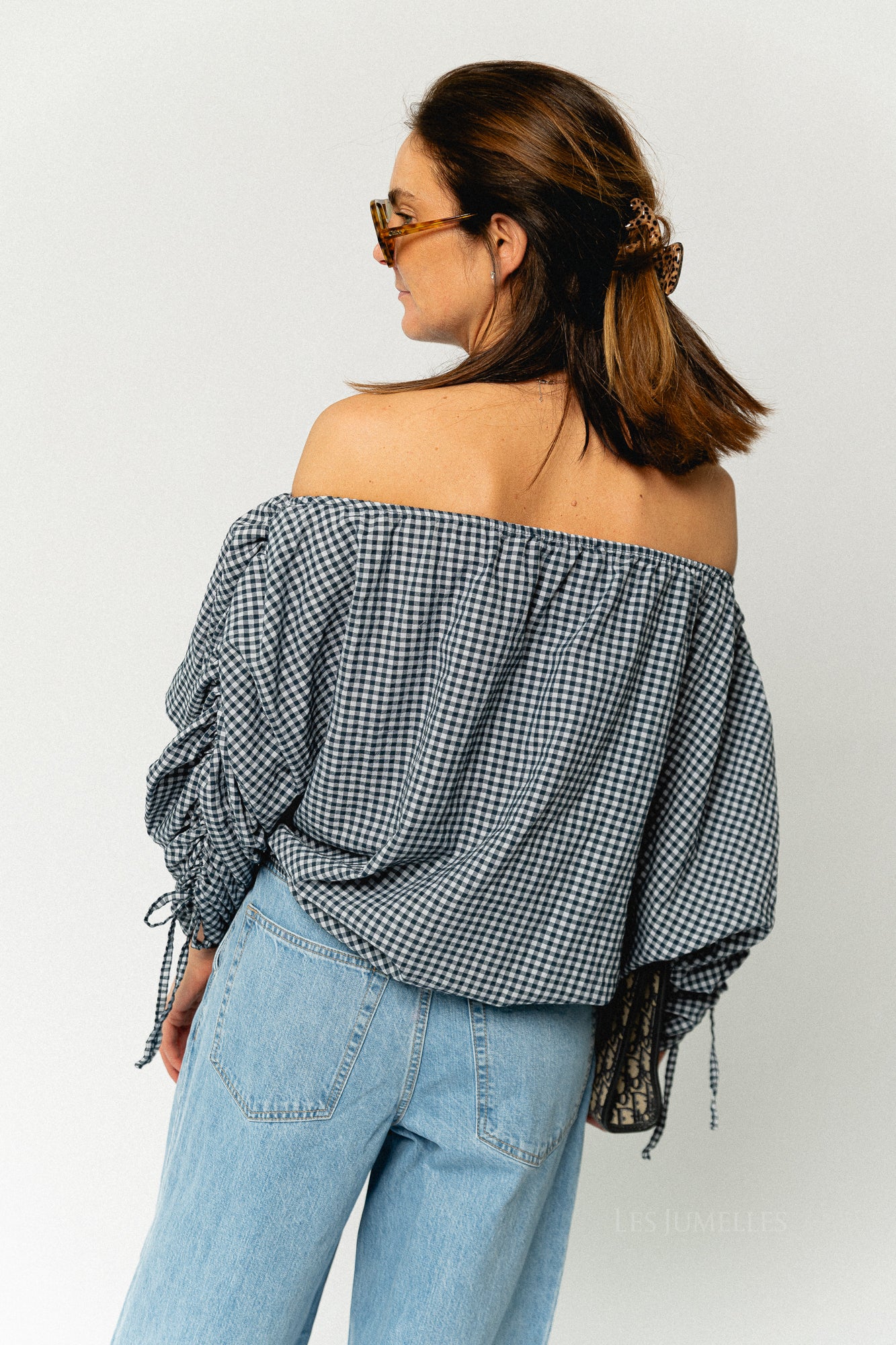 Olive checkered off shoulder blouse navy - Image 4