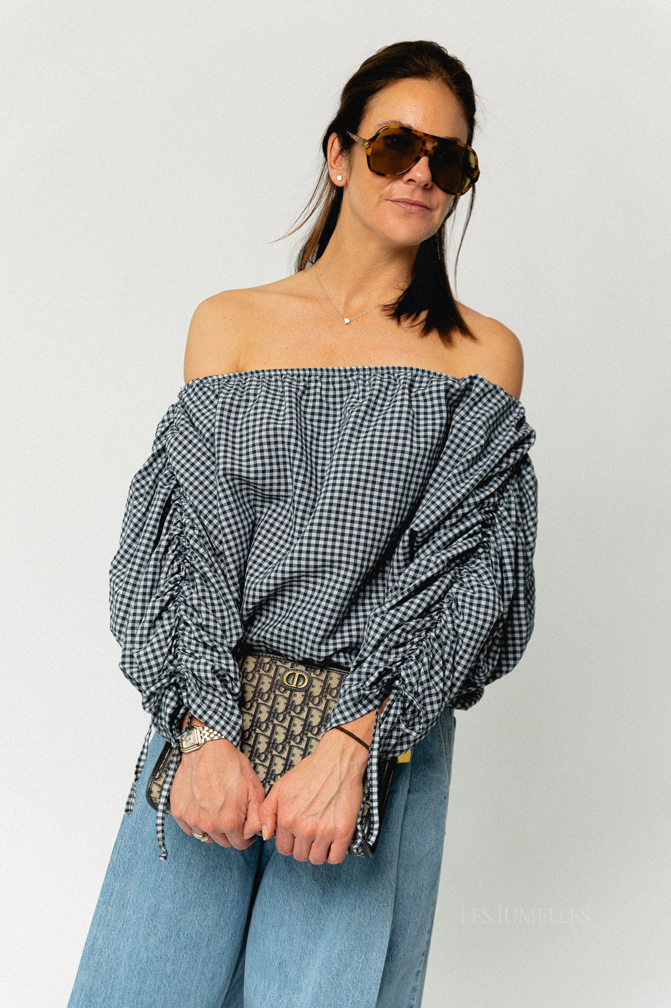 Olive checkered off shoulder blouse navy - Image 5