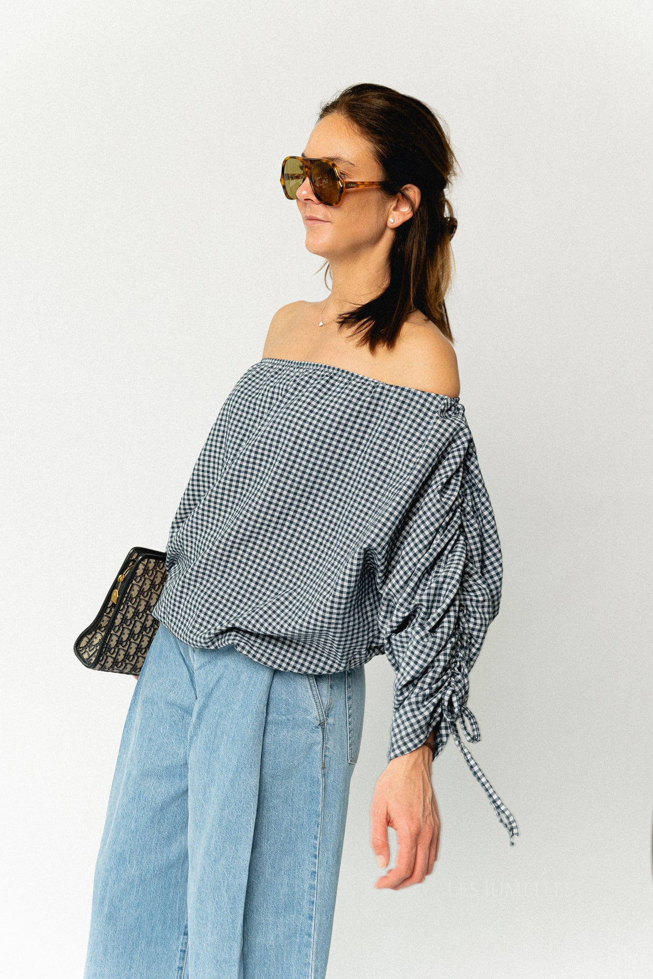 Olive checkered off shoulder blouse navy - Image 6