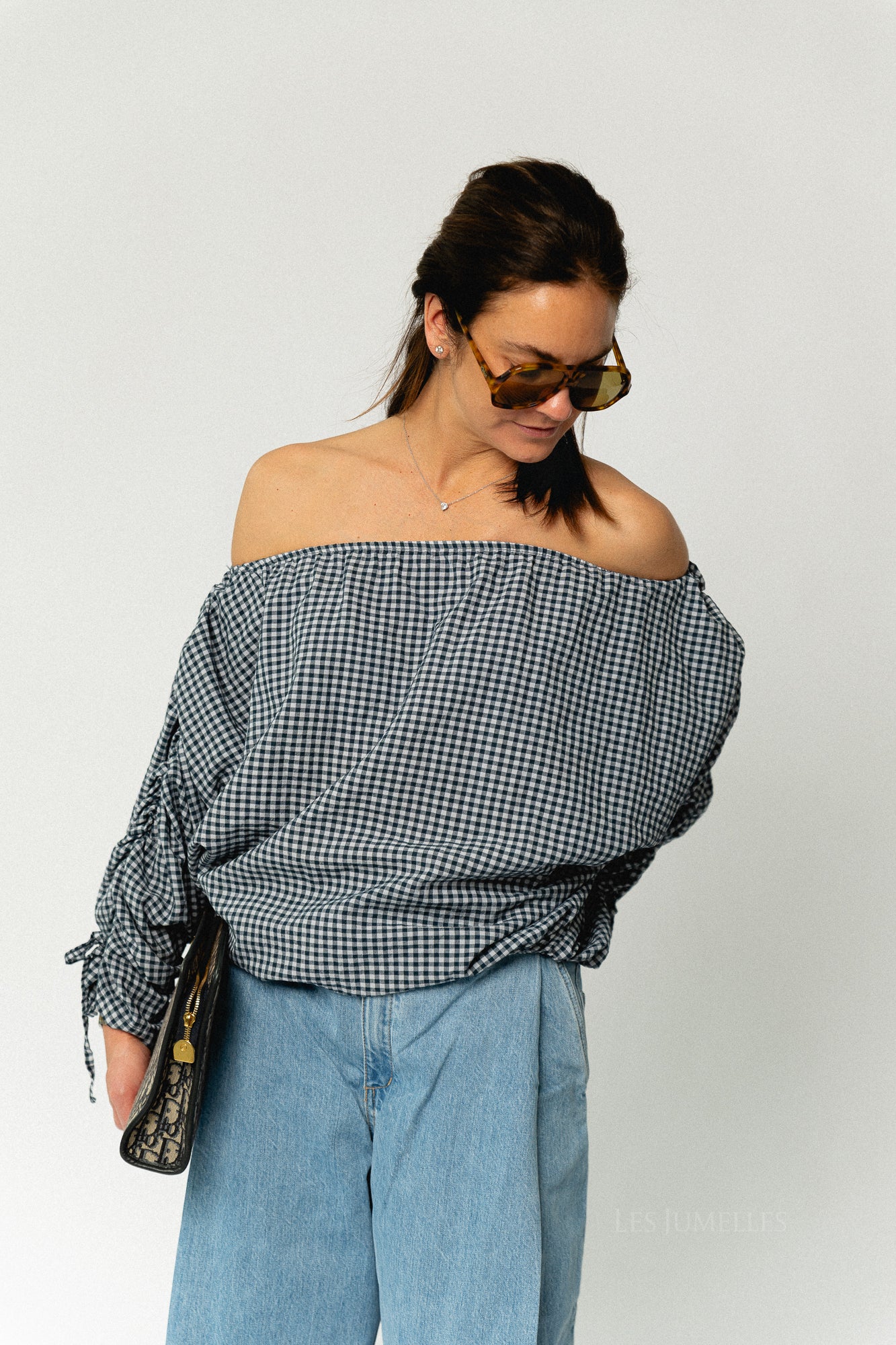 Olive checkered off shoulder blouse navy - Image 7