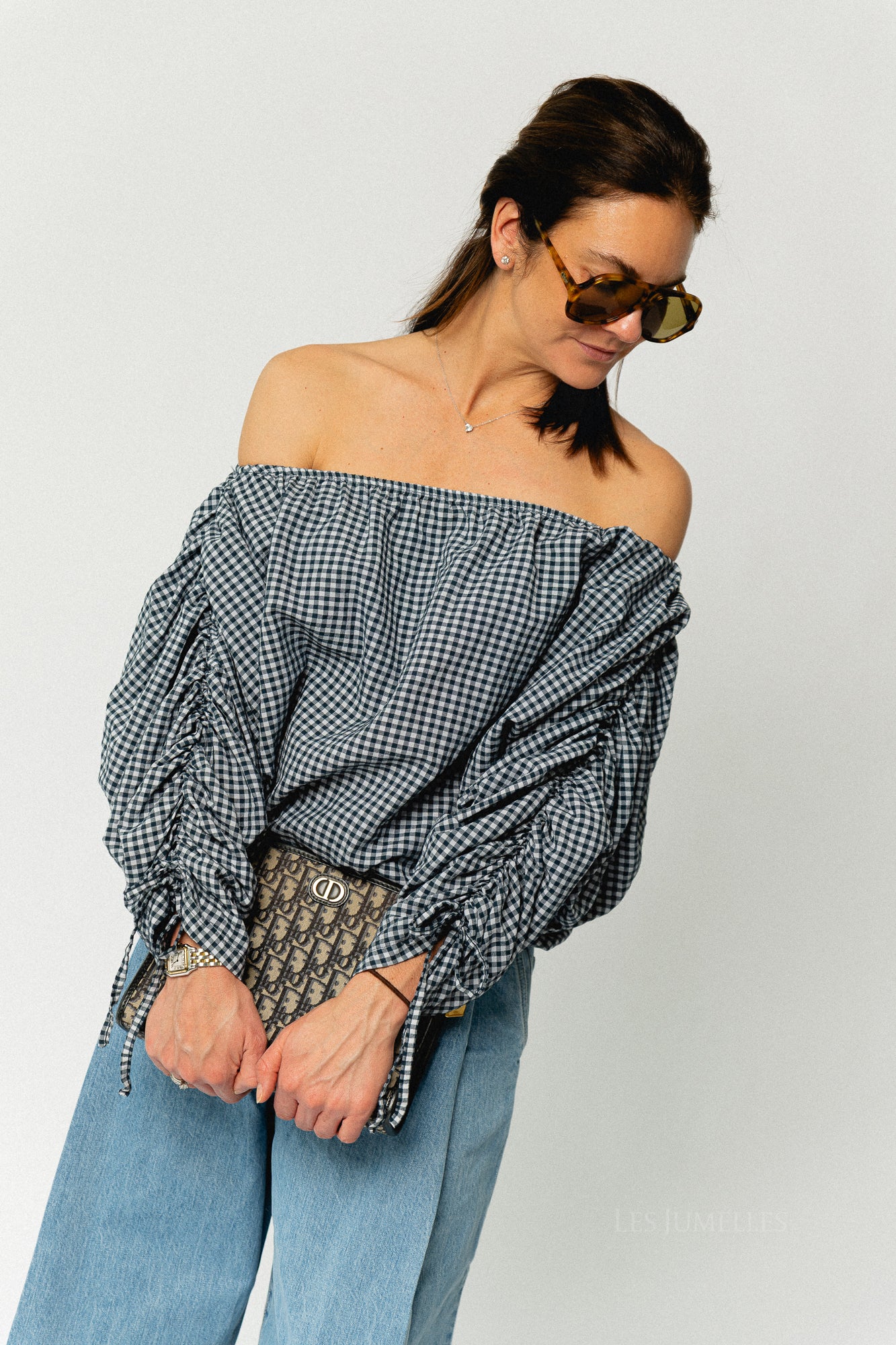 Olive checkered off shoulder blouse navy - Image 8