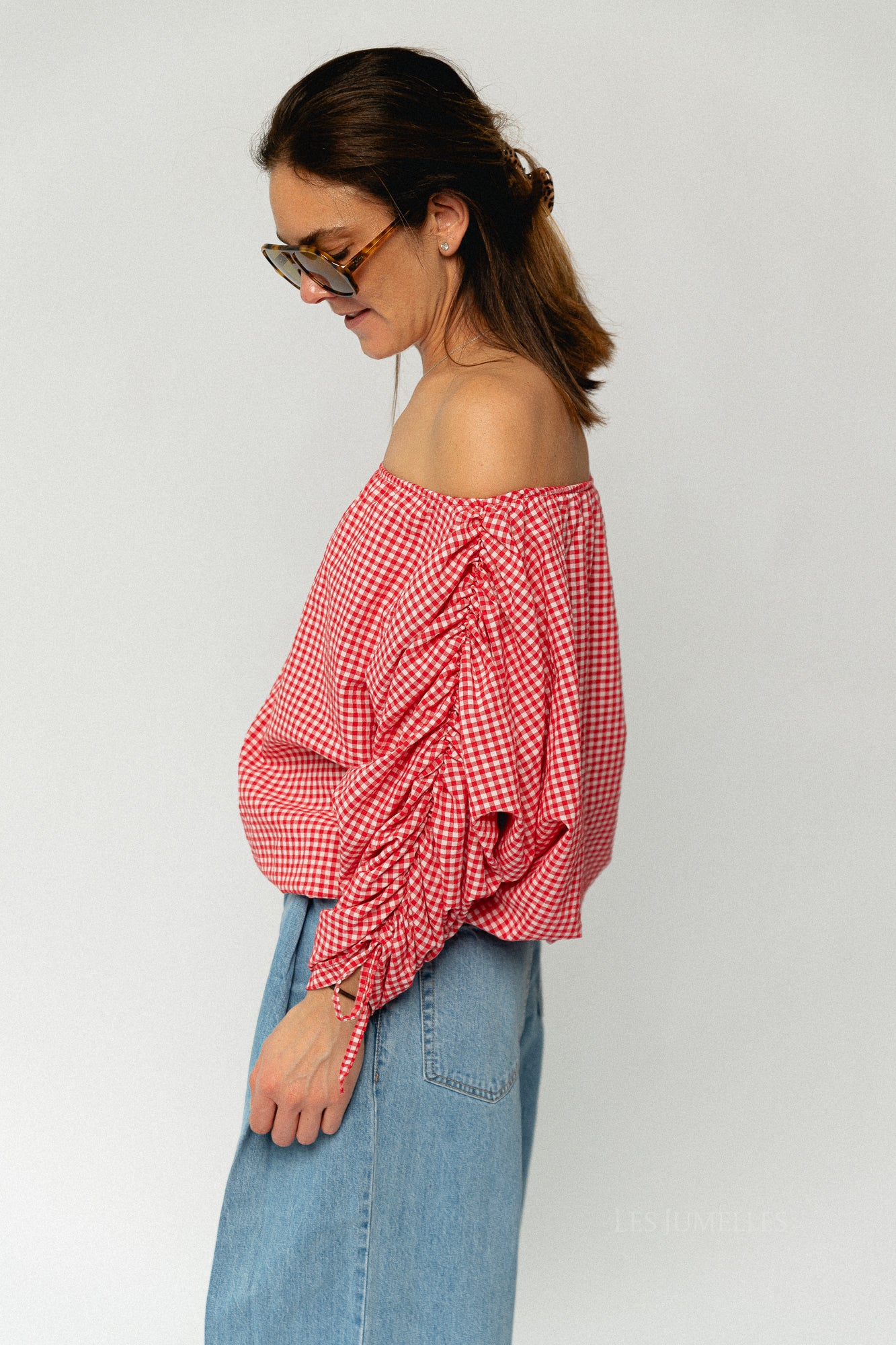 Olive checkered off shoulder blouse red - Image 3