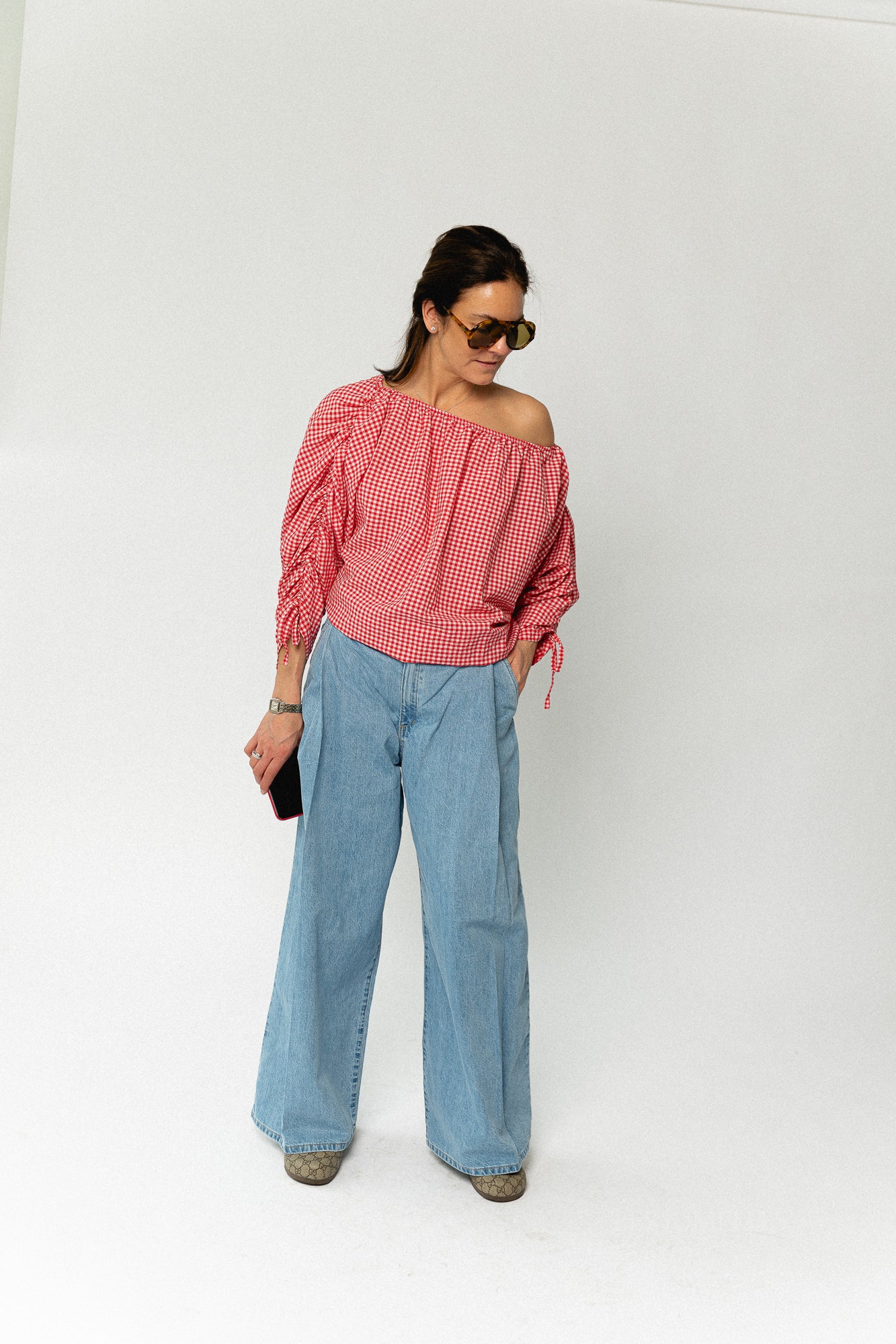 Olive checkered off shoulder blouse red - Image 5