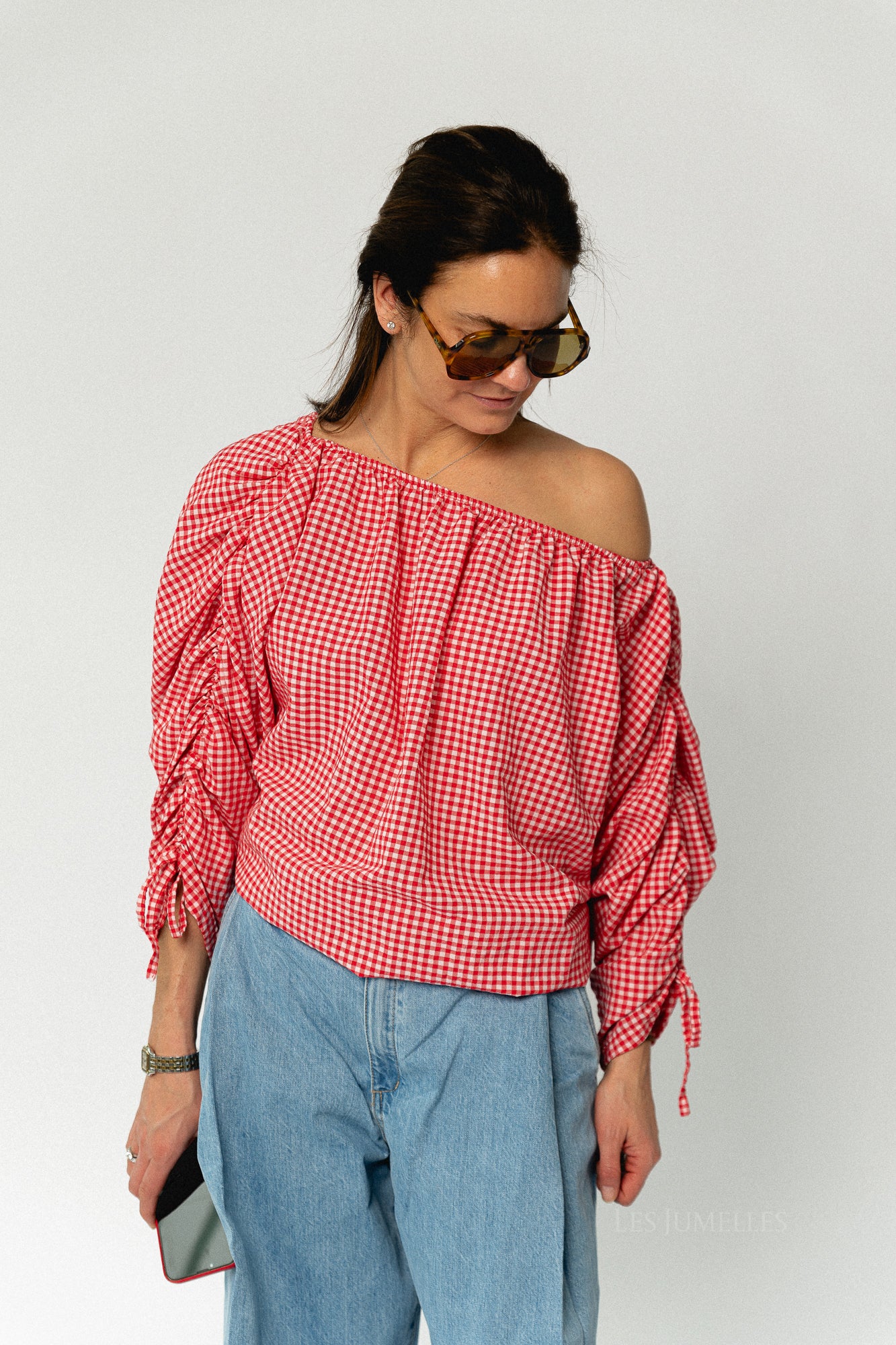 Olive checkered off shoulder blouse red - Image 6