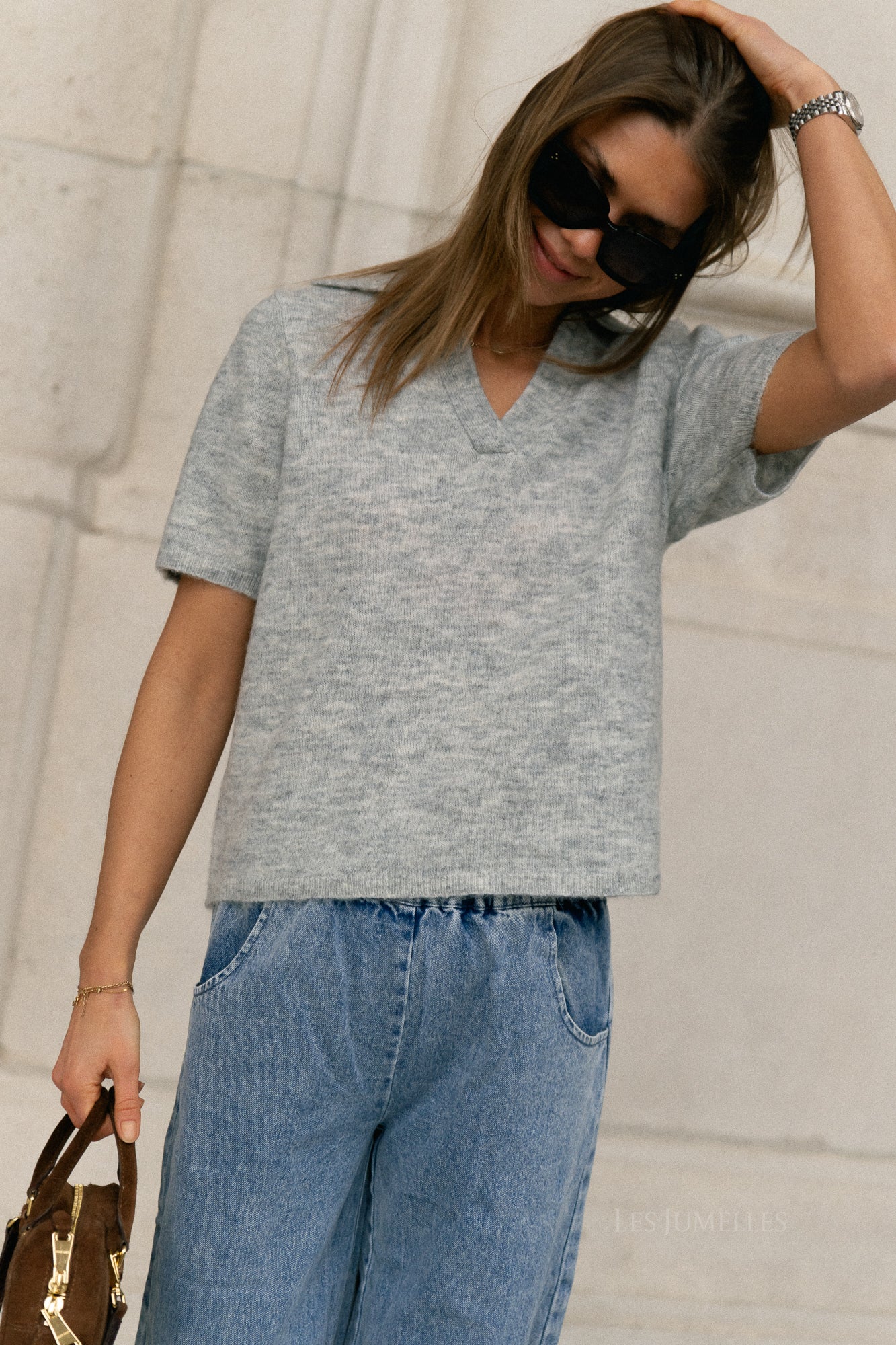 SLFLulu SS knit polo noos light grey melange - Image 7