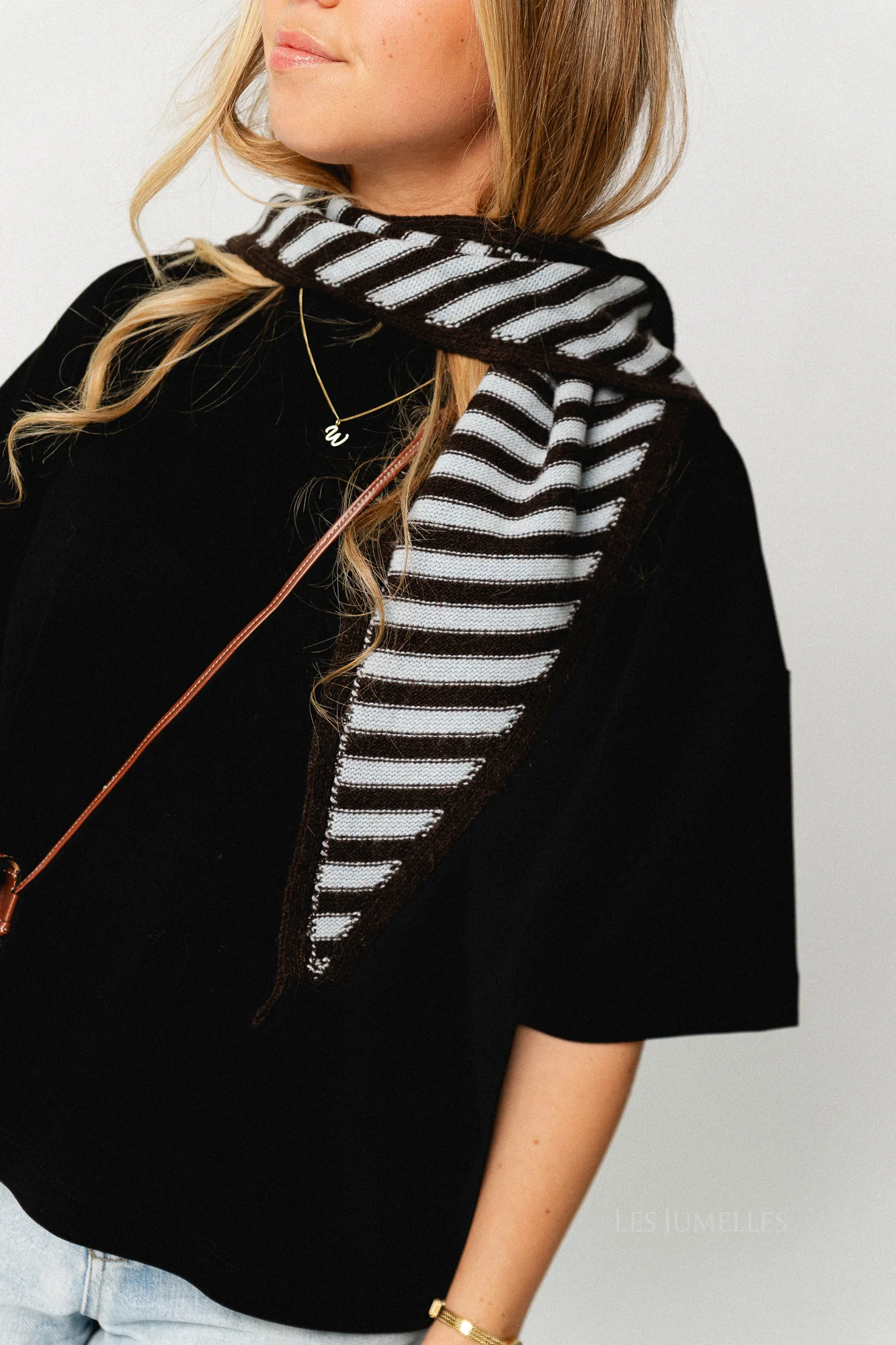 Susie striped triangle scarf - dark brown/dusty blue - Image 2