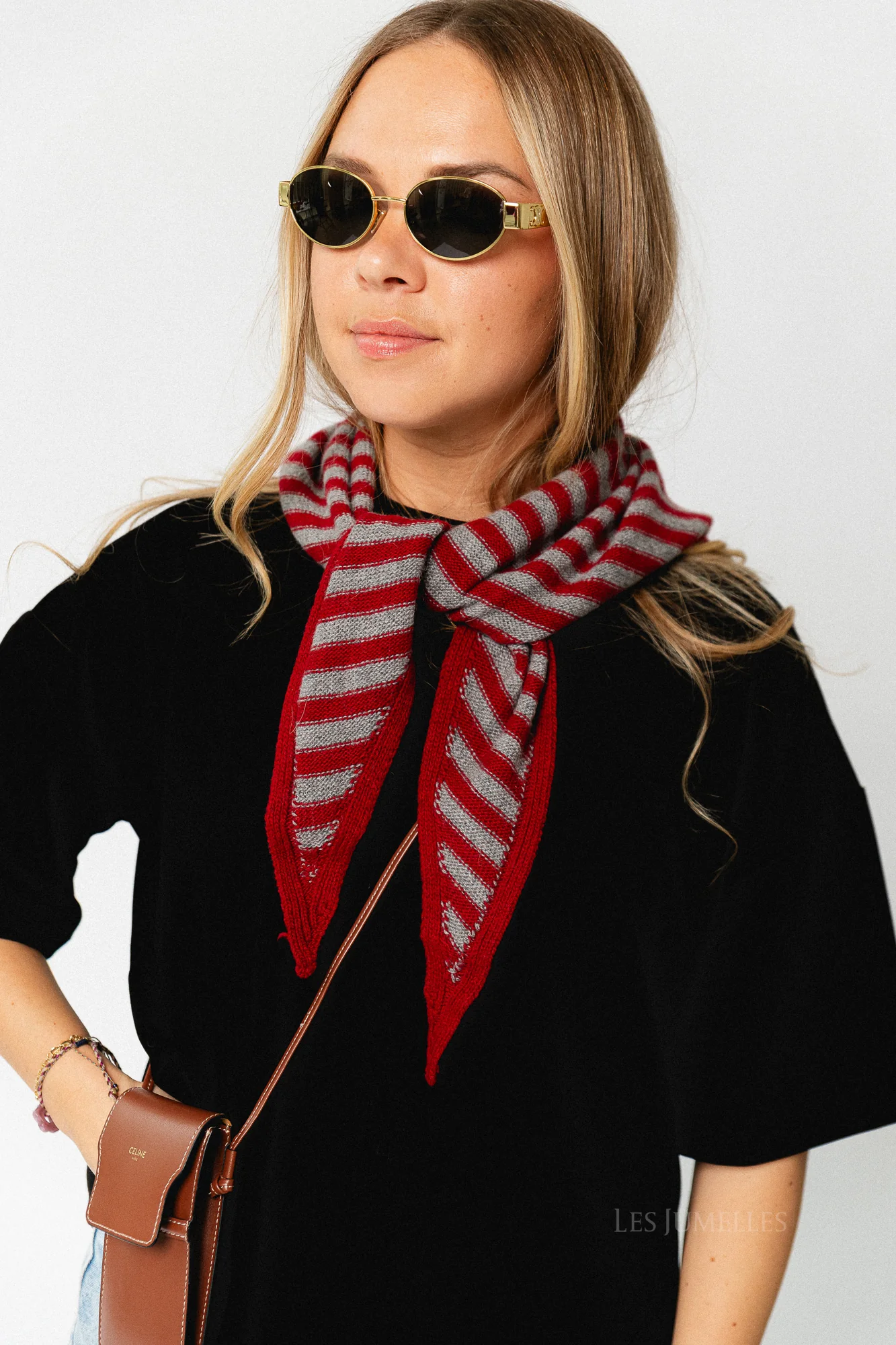 Susie striped triangle scarf - deep red/grey - Image 3