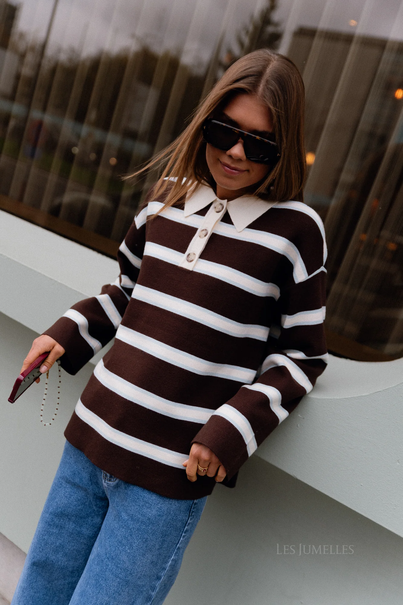 YASIsabell LS polo knit pullover chocolate brown/stripes - Image 7